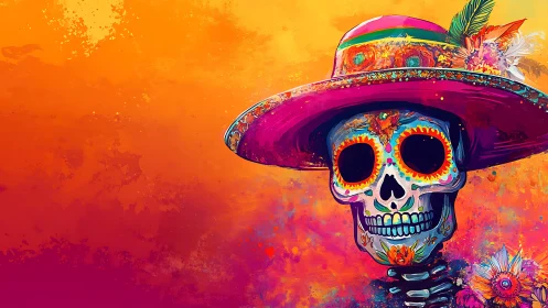 Colorful D&iacute;a de los Muertos skull portrait with hat.