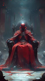 Silent crimson ruler rests upon a brooding shadowed throne
