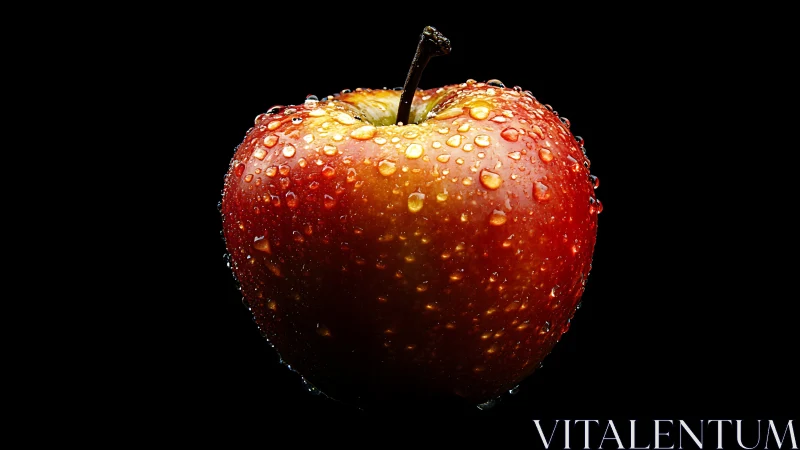 Red apple with dewdrops under dramatic studio lighting.