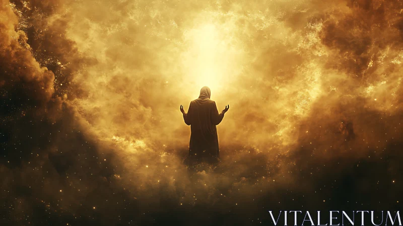 Radiant robed figure embraced by golden cosmic light.