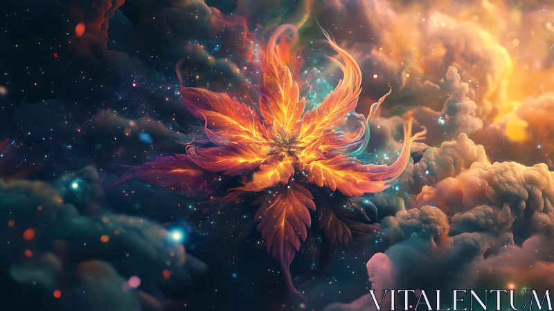 Starlit cosmic flower blooms gently among glowing nebula clouds