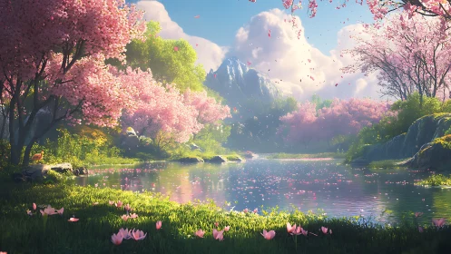 Spring valley lake reflects pink cherry blossom trees