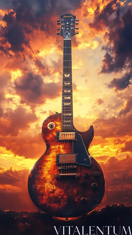 Electric guitar blazing against molten sunset sky.
