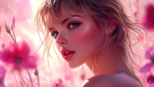 Digital portrait girl amid soft pink spring blossoms.