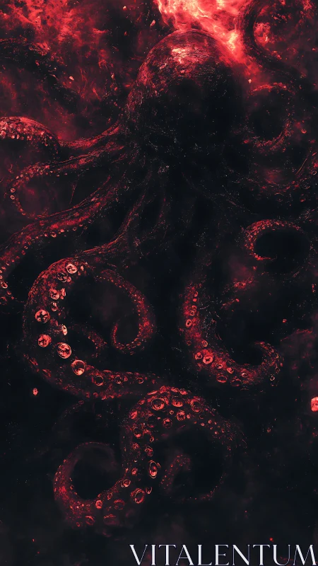 Cephalopod form in red-illuminated dark aquatic space.