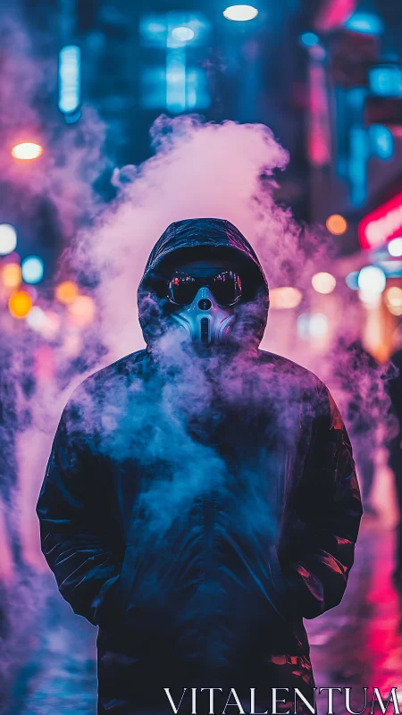 Neon hooded wanderer in vapor clouds of midnight circuitry.