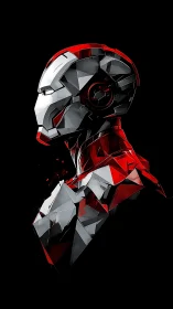 Geometric red and white robotic helmet in side profile view.