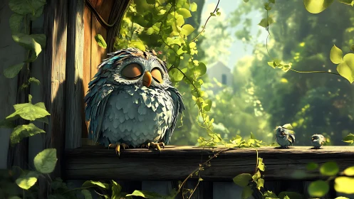Sleepy Cartoon Owl and Chicks on Wooden Ledge in Sunlit Garden.
