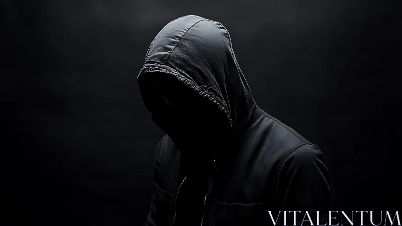 Hooded figure in deep shadows suggests secrecy and tension.