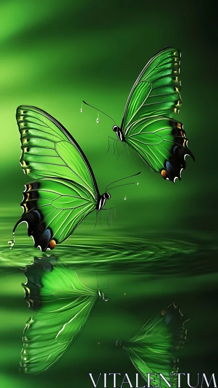 Two green butterflies hover above reflective rippled water