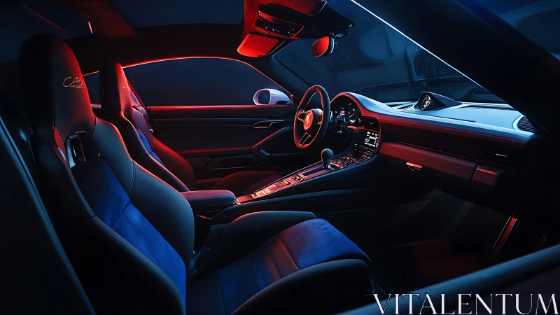 Neon midnight cockpit bathing a luxury sports car interior.