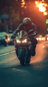 Motorcyclist on urban street at sunset with headlight glare.