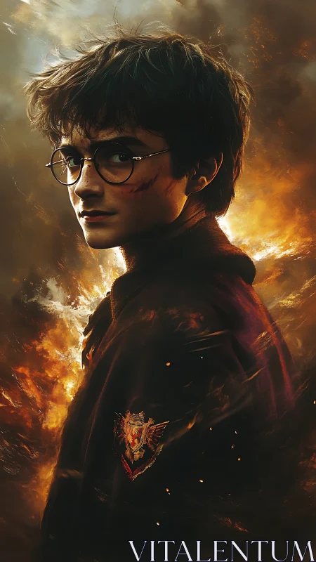 Young wizard portrait in burning atmospheric light.