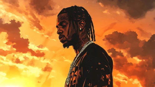 Sunlit portrait of a calm man standing under glowing clouds