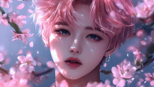 Androgynous portrait framed by luminous cherry blossoms.