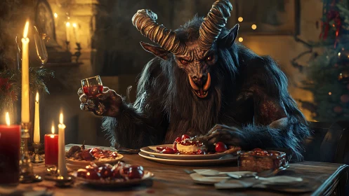 Demonic horned beast savors eerie festive candlelit feast.