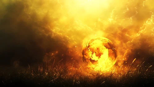 Glowing spherical landmass rendered amid luminous cloud field