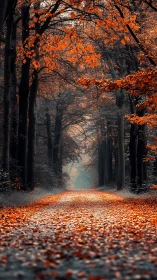 Autumn Forest Alley with Canopy Light Filtering and Leaf Ground Coverage