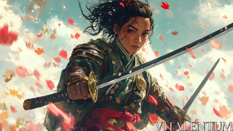 Storm of scarlet leaves crowns the twin-blade samurai
