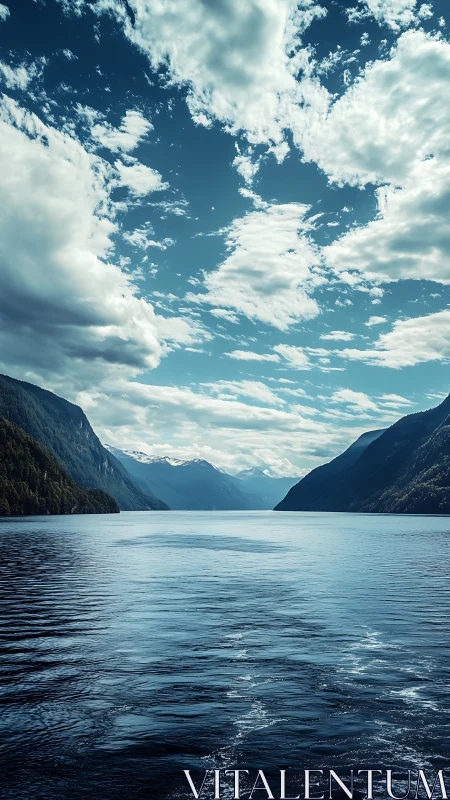 Mountain fjord panorama under dramatic cumulus sky.