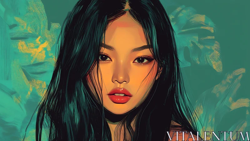 Emerald hush portrait where midnight hair meets sunset skin.