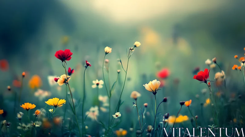 Blurred wildflower meadow with vibrant colored blossoms.
