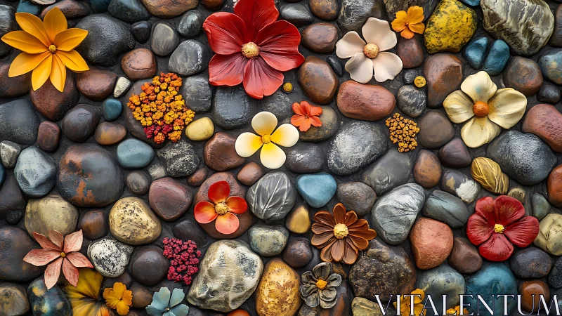 Colorful Flowers and Stones Create Natural Artistic Composition