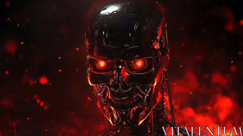 Chrome skull android glows over molten red inferno.
