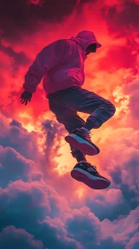Hooded streetwear figure strides midair against neon storm sky
