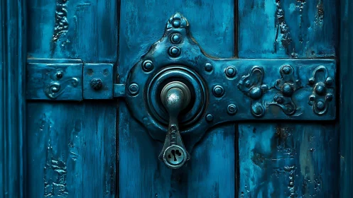Weathered teal metal door lockplate shows embossed floral rivets