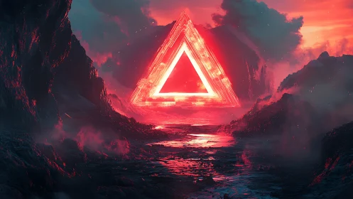 Luminous geometric portal radiates neon red over volcanic ravine