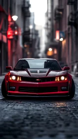Photorealistic low-angle red muscle car in moody alleyway.
