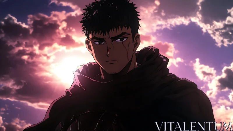 Scarred warrior stands calm beneath a blazing evening sky