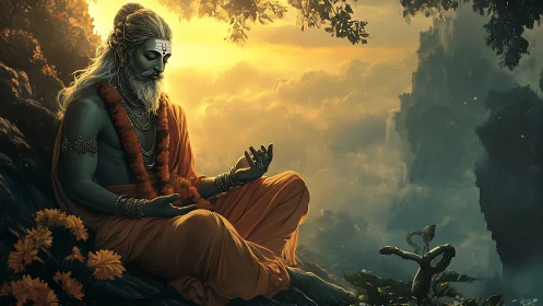 Mystic ascetic in sunset cloudscape with meditative biomorphic serpent.