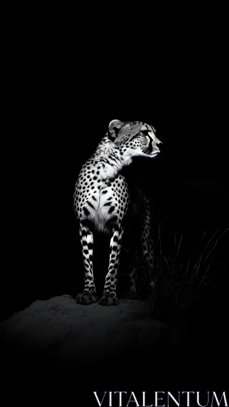 High contrast cheetah portrait isolates form in deep negative space