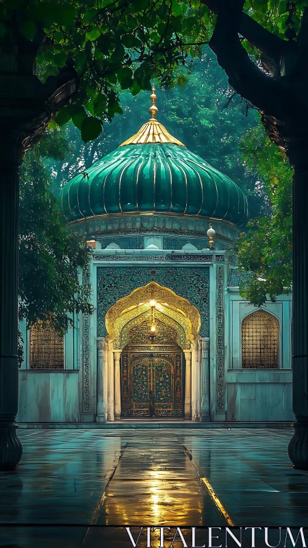 Islamic domed gateway under foliage with reflective marble courtyard