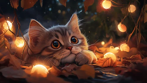 Enchanted Kitten Nestled Among Glowing Golden Lights