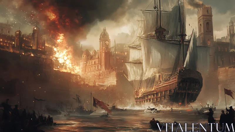 Flaming harbor fortress rises as a great warship charges forward