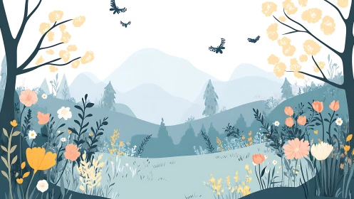 Mountain Valley Landscape with Wildflowers and Layered Forest Depth.