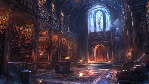 Grand arcane library bathed in cinematic stained-glass glow.
