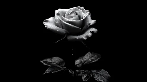Monochrome macro rose with high-contrast droplet rendering.