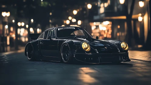 Low-slung black sports car with yellow lights on city street