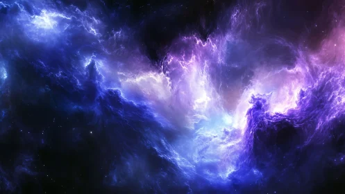 Digital depiction shows luminous blue and violet nebular clouds