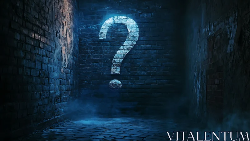 Question mark symbol on brick wall in dim urban alleyway.