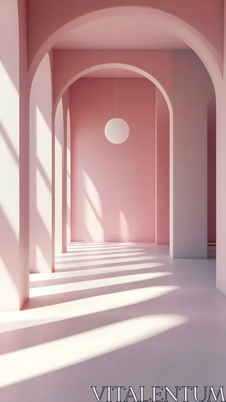 Soft pink arcade interior captures serene geometric light