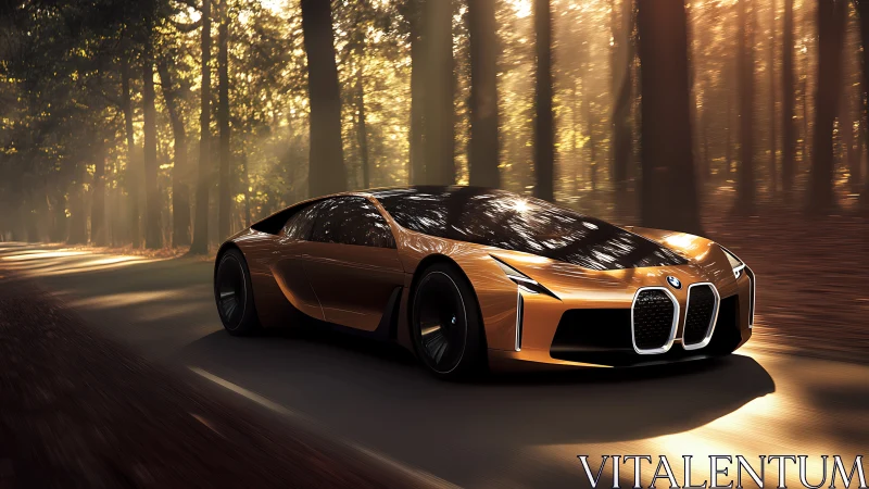 Golden forest hypercar gliding through morning light.
