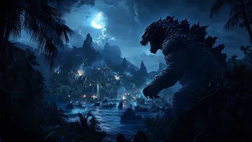 Moonlit titan wades through embattled jungle archipelago