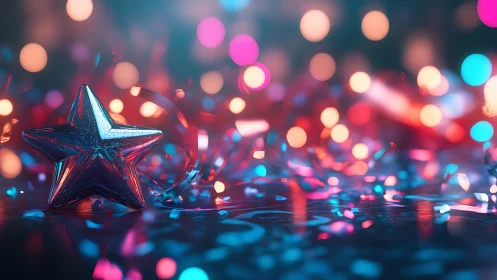 Metallic star ornament with colorful festive bokeh.