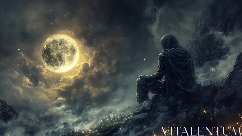 Hooded wanderer resting under a glowing, dreamlike moon.
