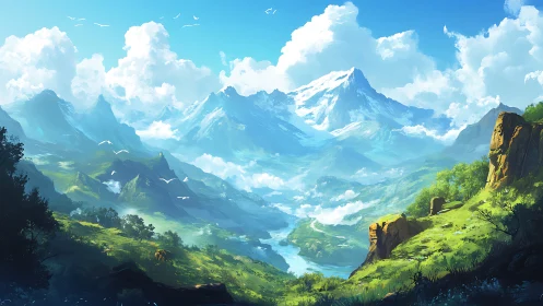 Expansive river valley beneath layered snowcapped peaks.